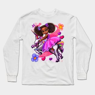 Curly hair Princess on a unicorn pony 7 - black girl with curly afro hair on a horse. Black princess Long Sleeve T-Shirt